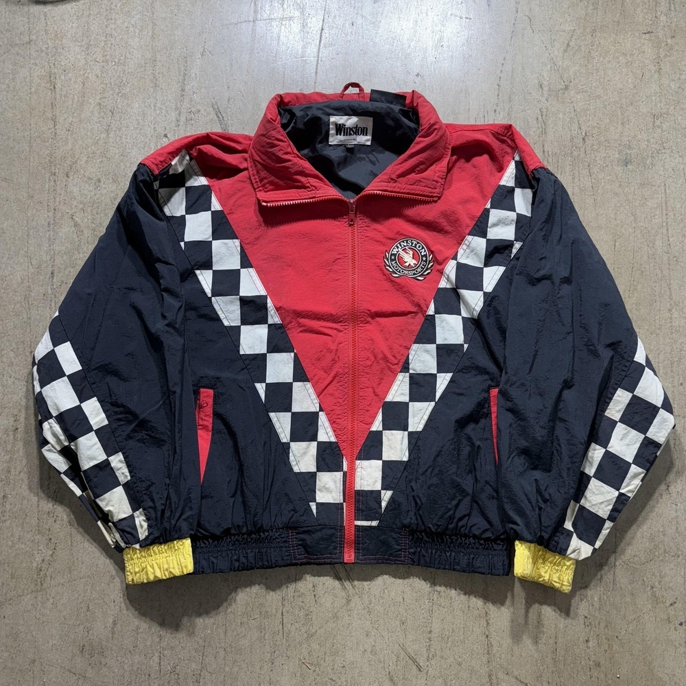 Vintage Winston Motorsports Jacket Mens Large Checkered Racing Windbreaker 90s